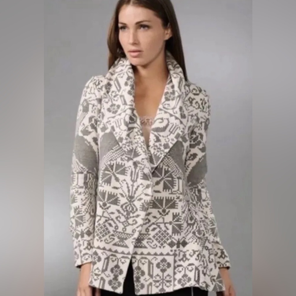 RARE Free People Cream & Black Bird Print Wide Lapel Fitted Cardigan Jacket S